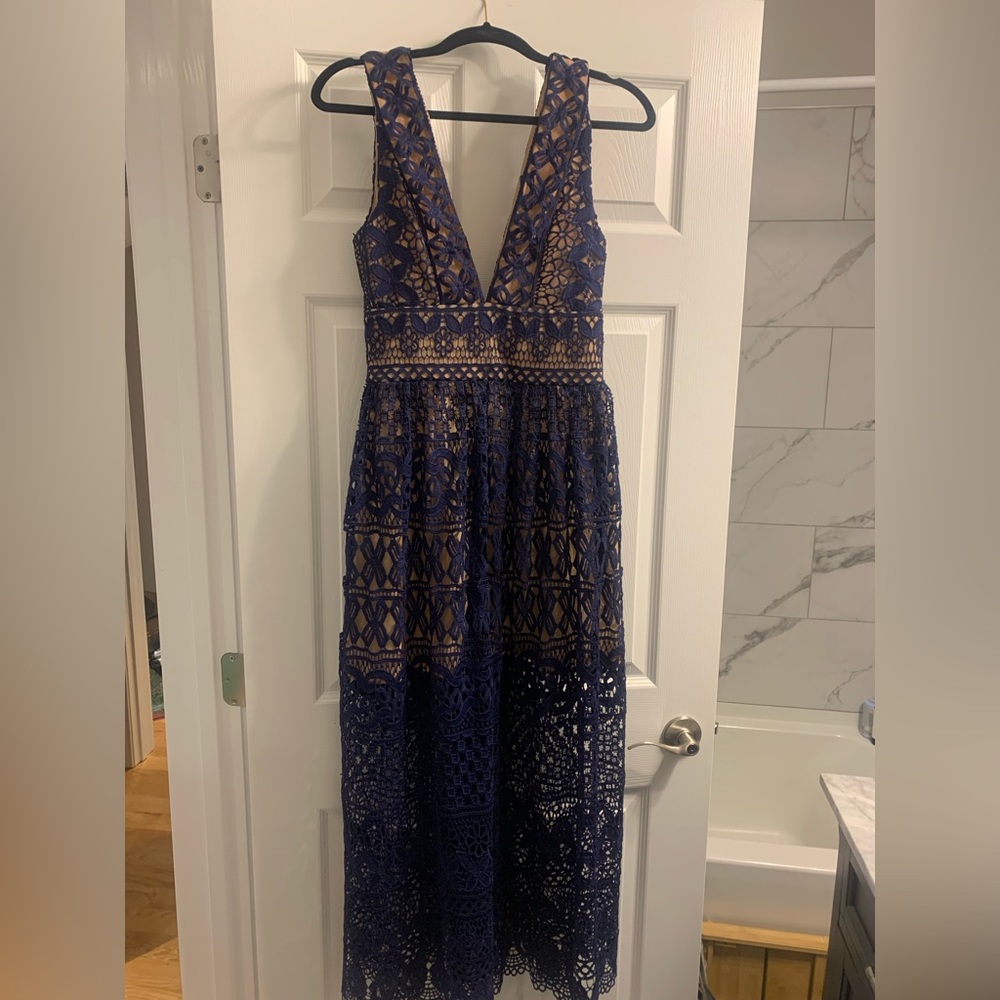 Navy lace double V maxi dress